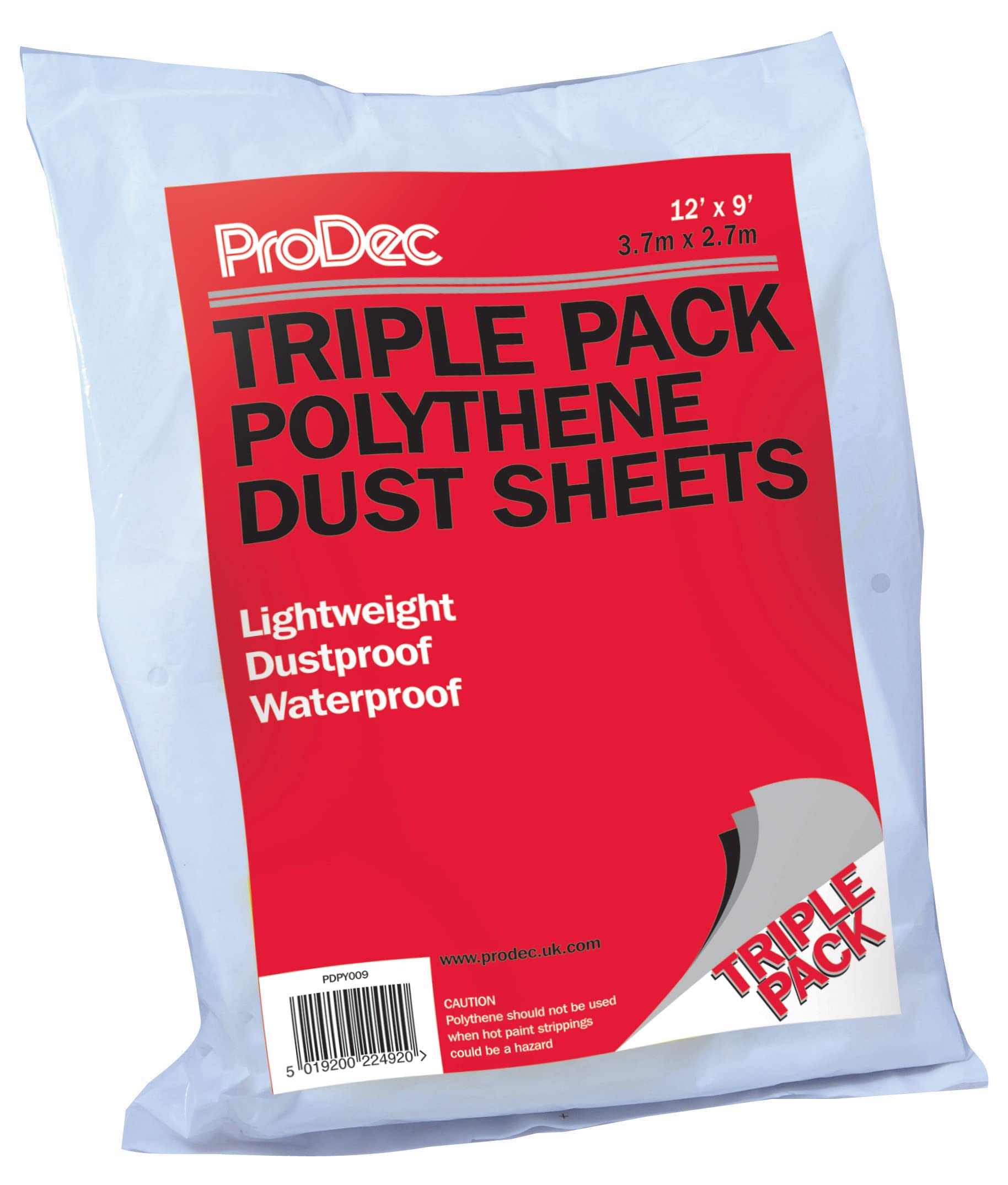 ProDec Triple Pack 12' x 9' Lightweight Polythene Dust Sheet, Dustproof and Waterproof Ideal for Covering and Protecting Floors and Furniture from Spills and Splashes When Painting and Decorating