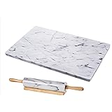 JEmarble Pastry Board 16x20 inch Set with Rolling Pin/Wooden Handles 18 inch(White) Non-Slip Rubber Feets for Stability Perfe