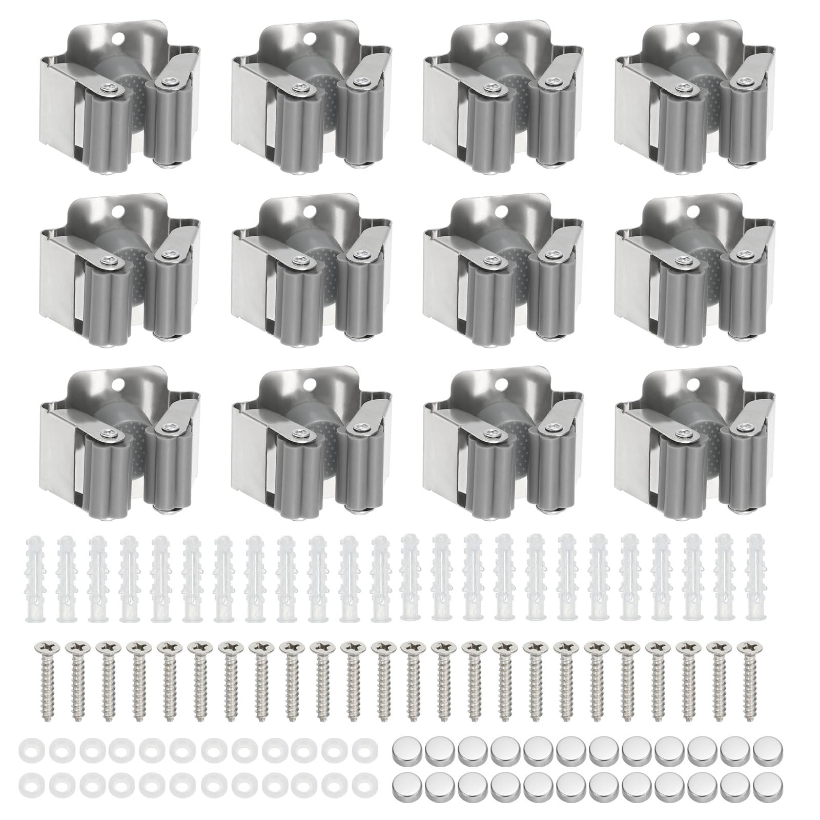 PATIKIL Broom and Mop Holder, 12 Pack Wall Mounted Stainless Steel Mop Hanger Heavy Garden Tool Organizer Rack Hanging Clips with Screws for Home Garage, Grey