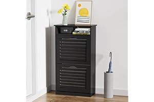 TENNTOU Shoe Storage Cabinet with 2 Flip Drawers & Top Cubby, Shoe Cabinet for Entryway Slim, Free Standing Shoe Rack Cabinet, Narrow Shoe Organizer for Entryway, Hallway, Black