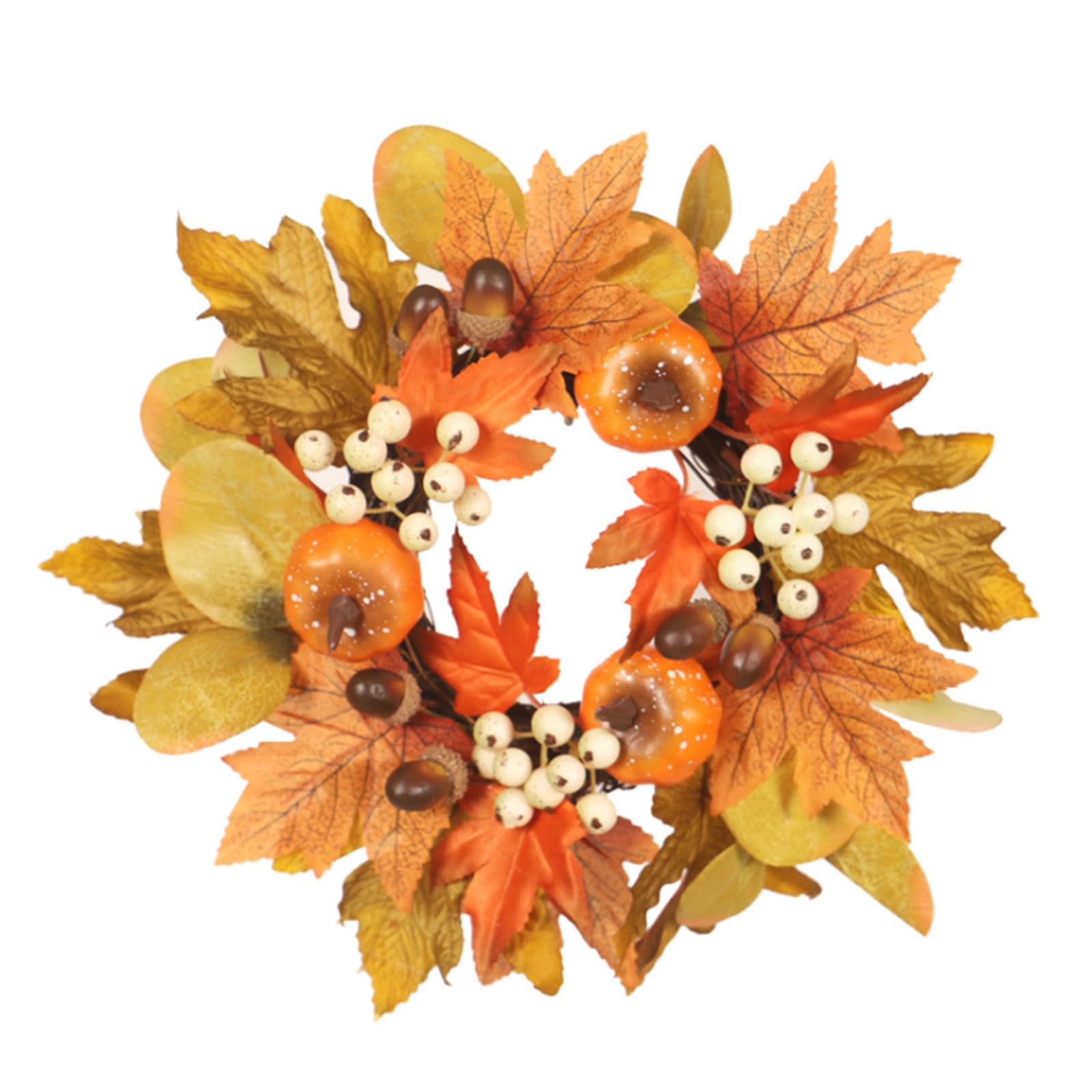 Photo 1 of 12 Inch Fall Candle Rings Wreaths, Small Autumn Wreath for Candlestick Decorative Rattan Garland with Maple Leaf Berries Pumpkin for Thanksgiving Halloween Table Fall Decor Centerpieces(No Light)