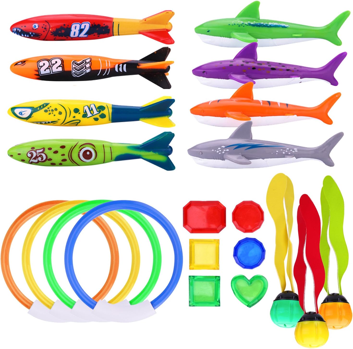 R.HORSE 21 PCS Underwater Swimming/Diving Pool Toy Set, Diving Rings, Toypedo Bandits, Diving Toy Balls, Under Water Treasures Gift, Diving Shark Toy, Dive Gift for Children Kids