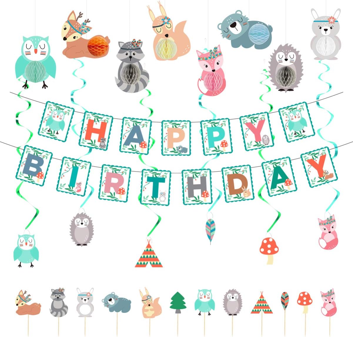 Amosfun Foret Animal Anniversaire Partie Decorations Animaux Des Bois Joyeux Anniversaire Banniere Gateau Toppers Suspendus Tourbillonne Jungle Animal Fete Fournitures Pour Anniversaire Baby Shower Decoration De Chambre D Enfant Ameublement Et