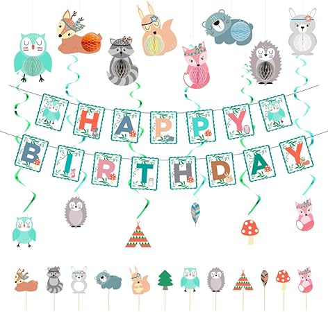 Amosfun Foret Animal Anniversaire Partie Decorations Animaux Des Bois Joyeux Anniversaire Banniere Gateau Toppers Suspendus Tourbillonne Jungle Animal Fete Fournitures Pour Anniversaire Baby Shower Amazon Fr Cuisine Maison