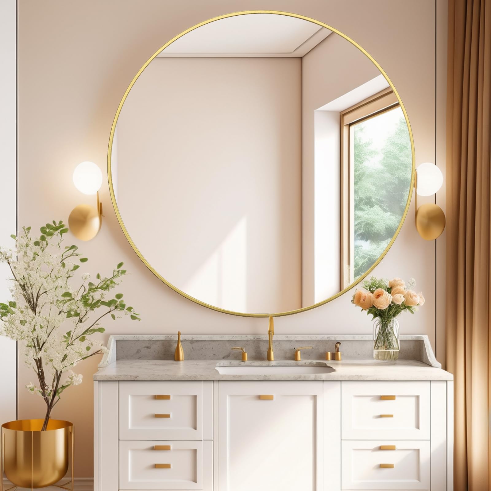 Photo 1 of 42 Inch Large Round Mirror Gold, Metal Framed Wall Mirror | Modern Oversized Circle Vanity Mirror, Bathroom Mirrors for Over Sink, Bedroom Living Room Decor Entryway