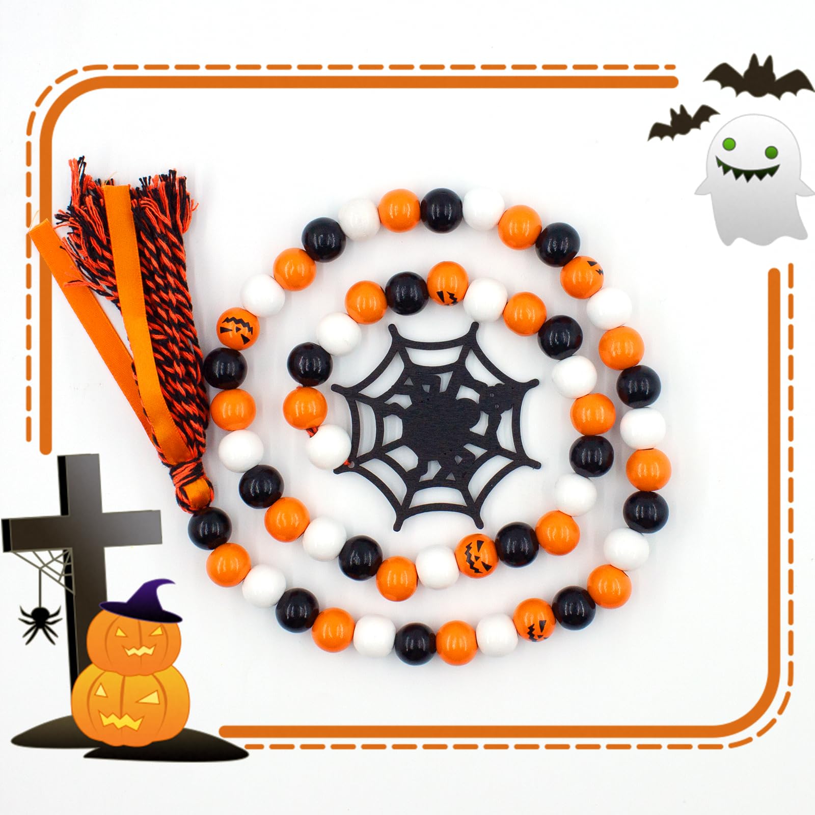 Oeyliz Halloween Tray Decor Wooden Bead Garland with Tassel Farmhouse Beads Garlands Halloween Tiered Tray Decorations Wooden Wall Hanging Beads Garland Halloweens Party Decor Orange