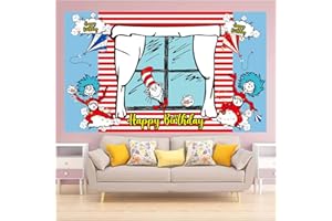 LOONELO Happy Birthday Backdrop Banner 70.8X43.3 inches, Red and Blue Stripes Cartoon Window Kite Photography Background for Cat in The Hat Birthday Decoration