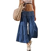 WEQULE Womens Casual Loose Wide Leg Pants Flowy Drawstring Waist Cropped Pants with Pockets(Blue-L)