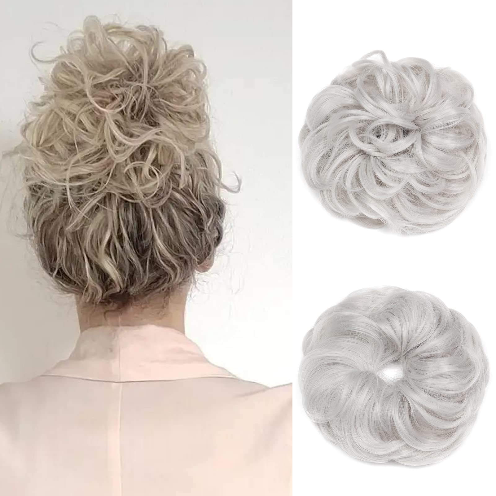 Gairyan Hair Scrunchies Hair Bun Hair Extensions Messy Bun Tousled Updo Curly Donut Hair Chignon Wavy Ponytail Hair Pieces for Women 40g (Light Gray)