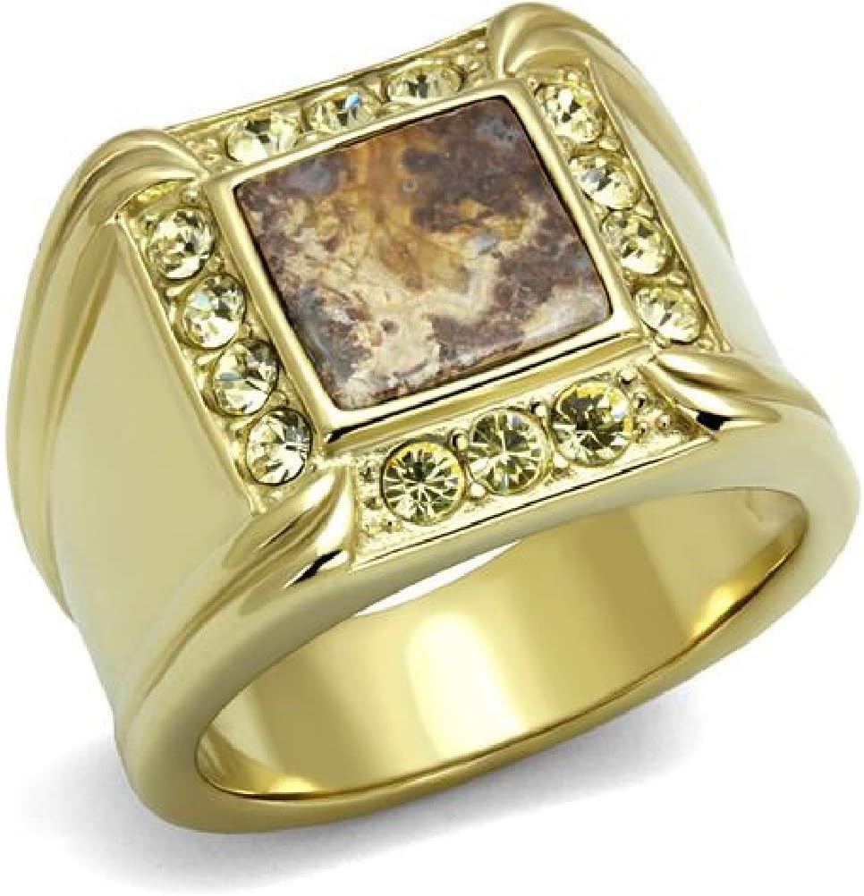 Marshal Imports Men's Stainless Steel Ion Gold Smoked Quartz Oligoclase Embellished Ring, Size 8,9,10,11,12,13