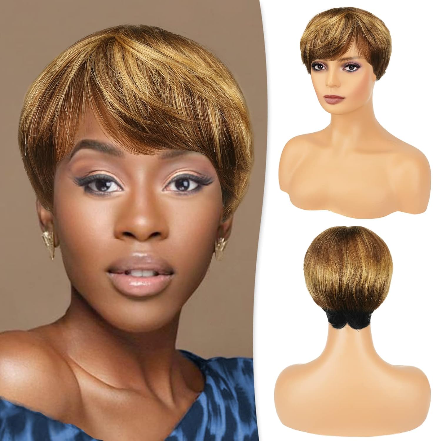 Fereowth Brown Short Human Hair Wig Pixie Cut Wigs with Bangs Short Straight Hair Wigs for Women 1B/30 Color — image 1