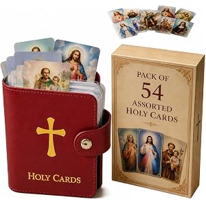 Xafety Catholic Prayer Card Set with Genuine Leather Holder,54 Catholic Prayer Cards with Pocket Holy Card Organizer,Snap Clo
