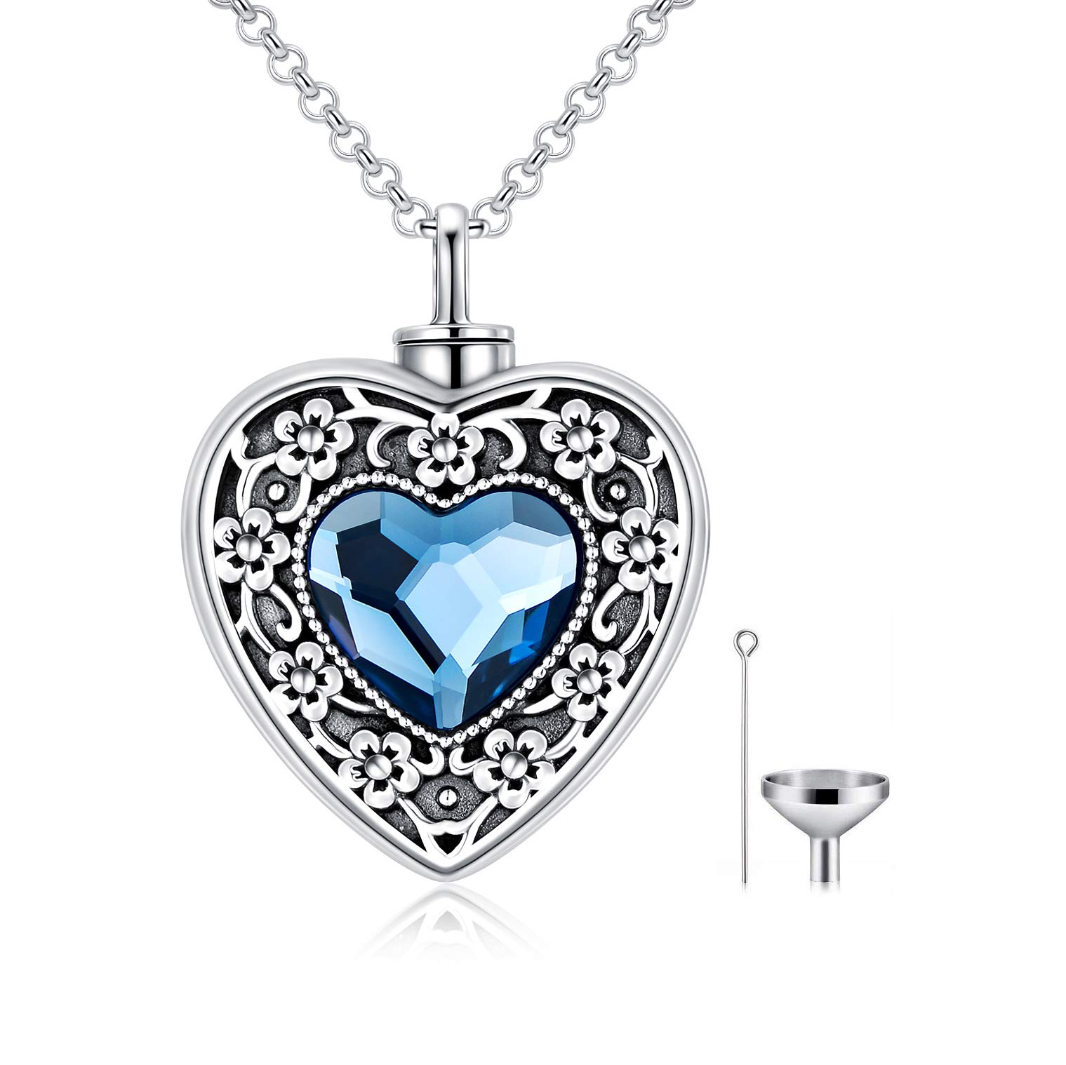 AOBOCO Flower Heart Urn Necklace for Ashes Sterling Silver Memorial Keepsake Cremation Jewellery with Filling Tool