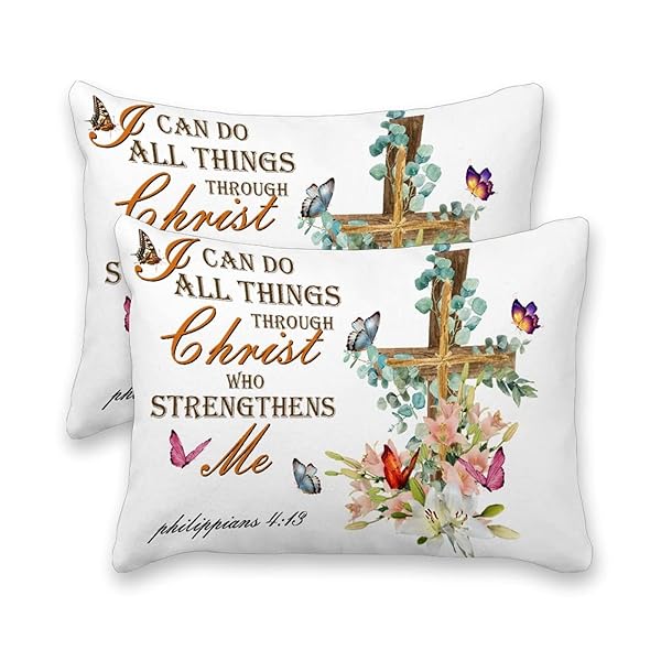 LUMBAR DECORATIVE THROW PILLOW COVERS BIBLE VERSE I CAN DO ALL THINGS THROUGH CHRIST WHO STRENGTHENS ME LILY FLOWERS BUTTERFLY BED PILLOWCASE SOFT PILLOW CASE FOR LIVING ROOM BEDROOM 12″X16″