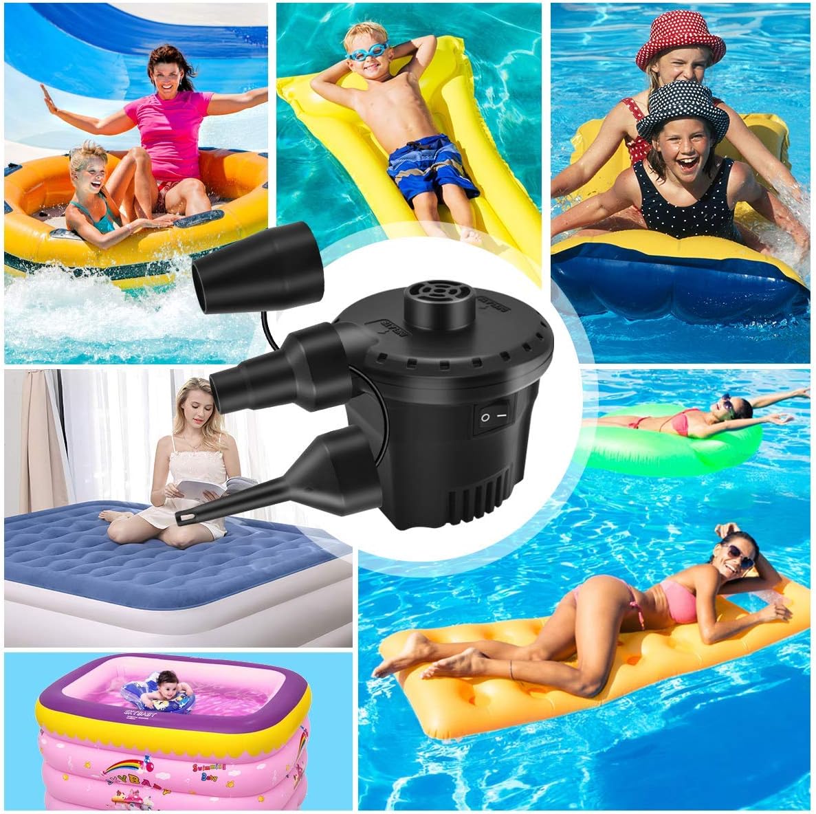 BLUELF Air Pump for Inflatables Air Mattress Pump Portable Quick Electric air Pump for Swimming Ring, Paddling Pool, Airbed or Inflatable Toys with 3 Nozzles AC 110V 130W: Sports & Outdoors