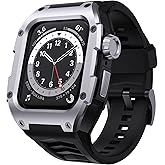 GELISHI Band Compatible with Apple Watch Band 45mm Series 9/Series 8 7, Men Rugged Case Bumper Stainless Metal Cover with Heavy Duty Band Sport Strap Shockproof, Silver