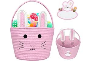 Brbecon Easter Bunny Basket for Kids with Name Tag, Pink Small Woven Easter Basket for Girls, Easter Egg Hunt Baskets Bags Easter Gifts Basket for Girls Baby Kids Children 9.8 x 7.8 x 7.8"