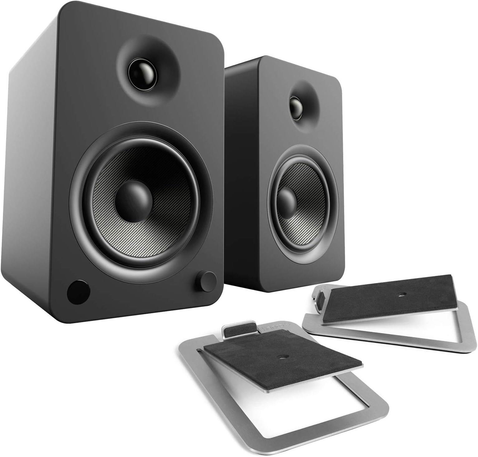 Kanto YU6 Wireless Bluetooth Powered Speaker Bundle with Kanto S4 Desktop Stands - Matte Black Speakers, Steel Stands