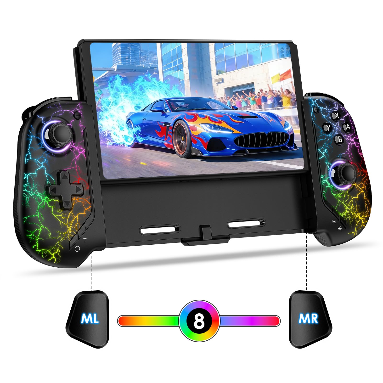 ewnol Switch Controllers for Nintendo Switch/OLED, One-Piece Joypad for Handheld Mode, Switch Pro Controller with Hall Effect Joystick, Sensitive Buttons, Turbo, Macro, RGB Light - Lighting
