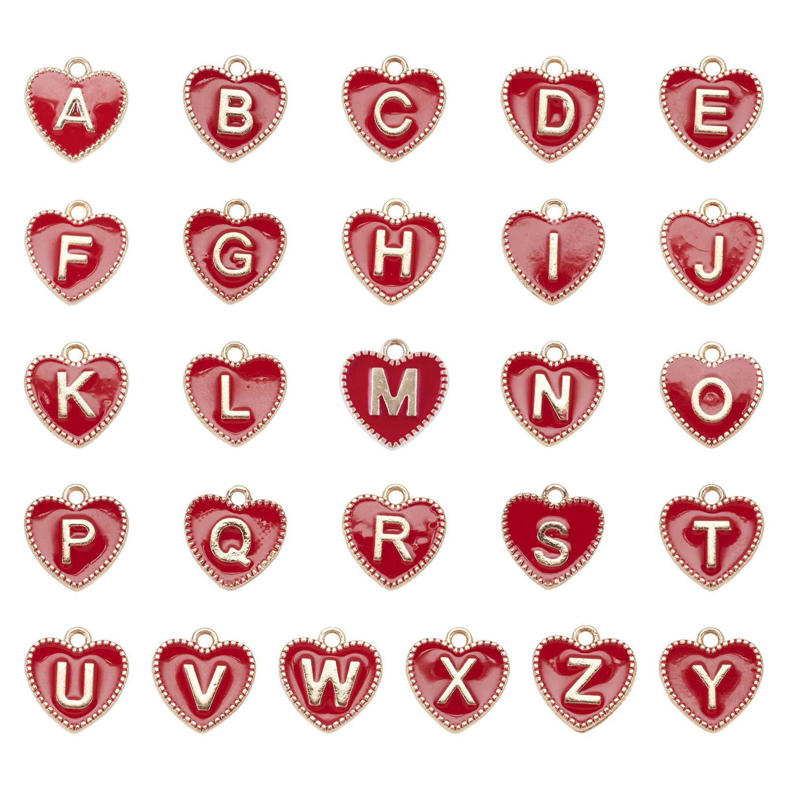 Crafans 26pcs Heart A-Z Letter Enamel Charms, Golden Edge, Crimson