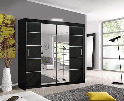OSLO Modern Mirror Sliding Door Wardrobe LED Light 150cm Black