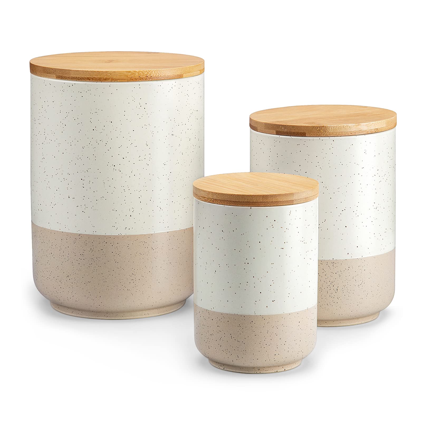 Photo 1 of vancasso Sabine Canister Sets for Kitchen, Ceramic Kitchen Canisters for Countertop with Airtight Wood Lids, Large Flour and Sugar Containers for Coffee, Tea, Spice (Set of 3)
