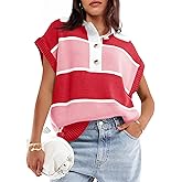 Saodimallsu Women's V Neck Button Down Striped Short Sleeve Knit Sweater