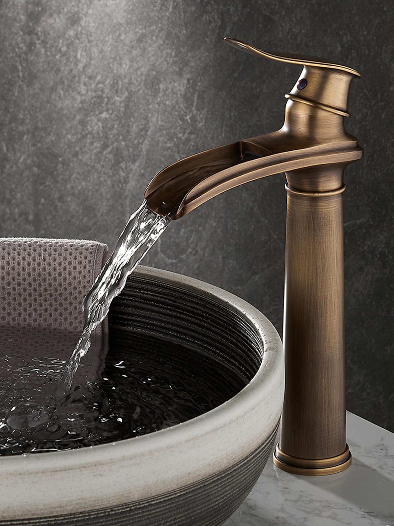 Bathroom Taps,Brass Waterfall Widespread Single Handle One Hole Bathroom Tap with Hot and Cold Switch (Antique-High)