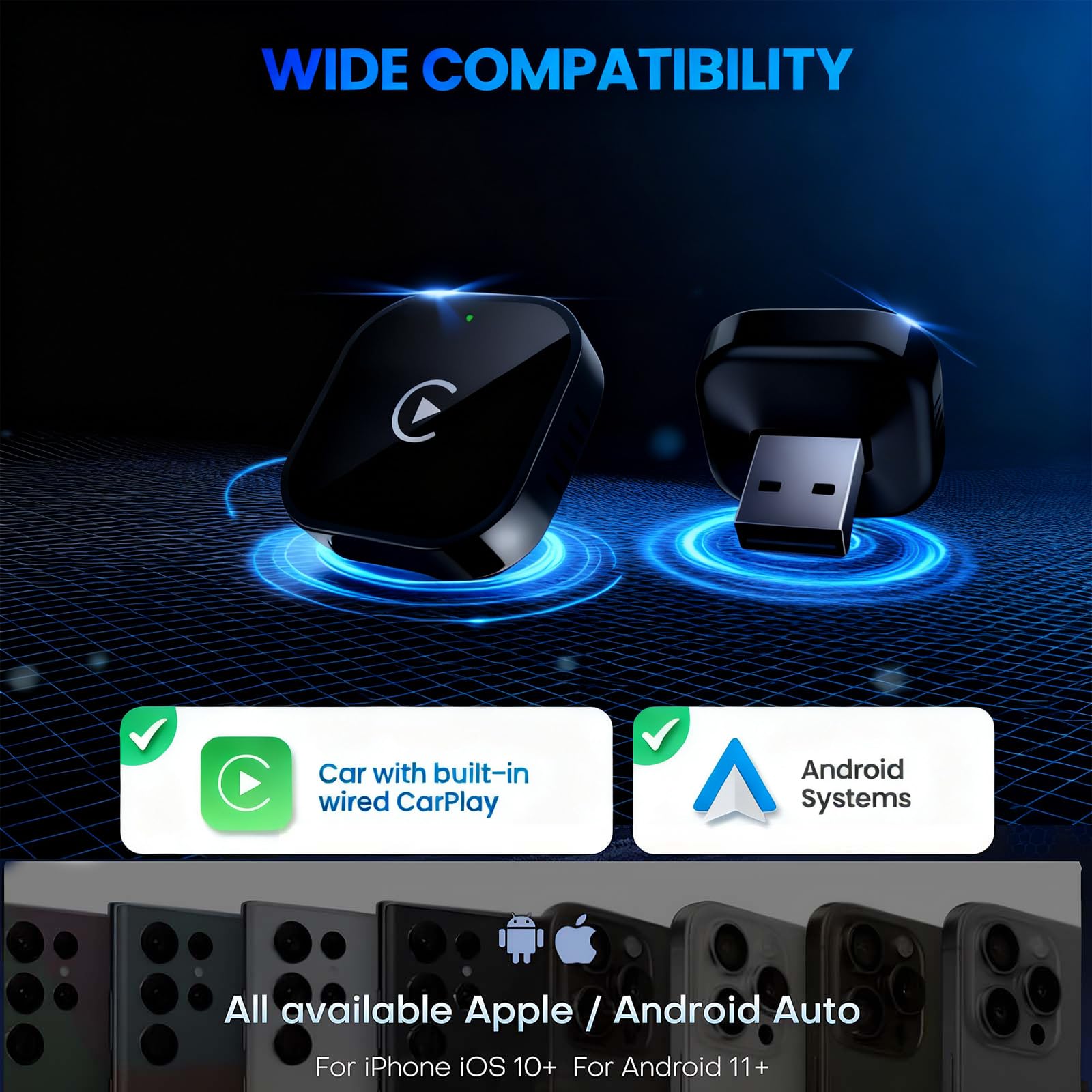 Wireless CarPlay Adapter for Apple iPhone ＆Android Small Size, (New Update) Plug and Play, Fast and Stable Connection Wireless Adapter for CarPlay＆Android