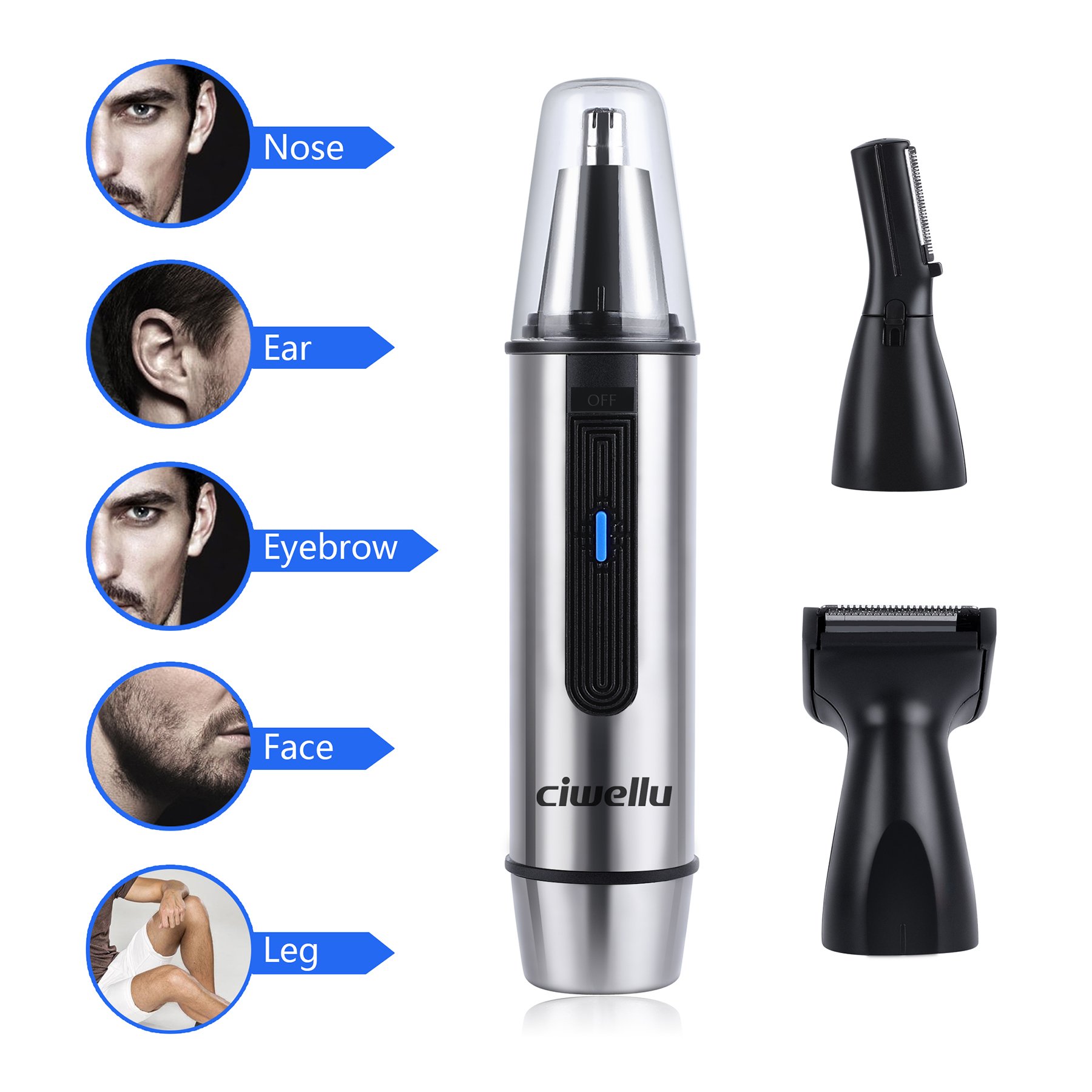 Nose Hair Trimmer, Ciwellu 3 in 1 Water Resistant Stainless Steel Nose Clipper Beard and Eyebrow Trimmer with LED Light, Battery-Operated, Silver