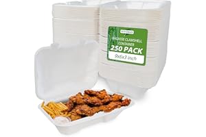 Eco-Craze (250 Count) (9x6x3 inch) Single Compartment Bagasse Clamshell Take Out Food Containers, Biodegradable & Compostable