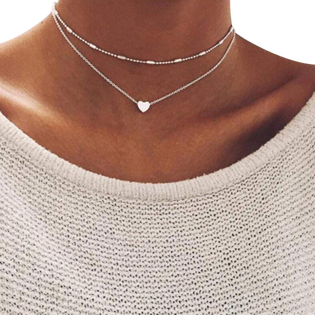 Chiak Women Fashion Multi-Layer Heart Beads Pendant Alloy Necklace Choker Gift (Gold&Siver(2 Pack))