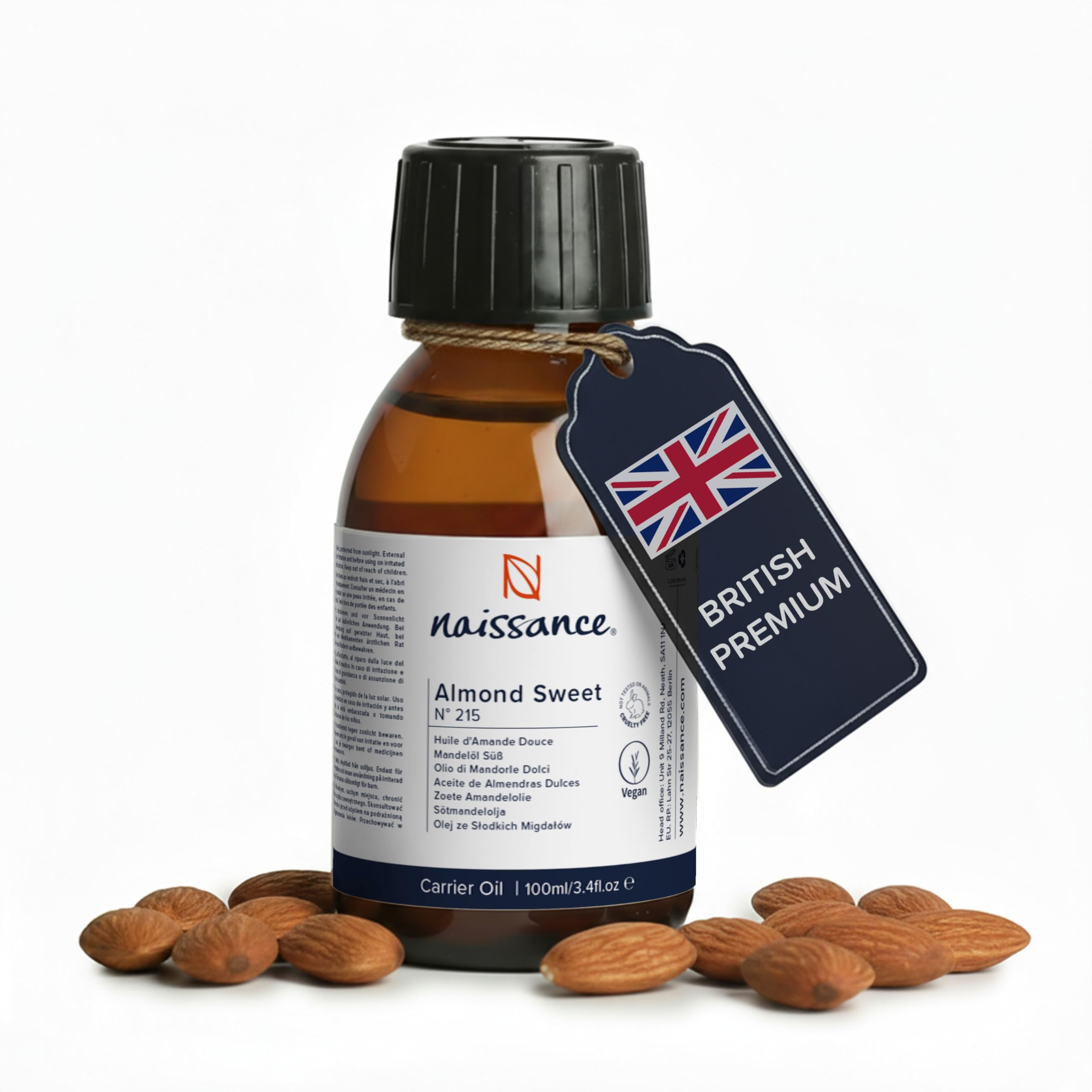 Naissance Sweet Almond Oil (No. 215) 100ml – for Skin, Hair, Massage, Nails, Cuticles, Ears, Face, Body - Natural Skin Care, Carrier Oil for Aromatherapy