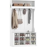 HOMCOM 4-In-1 Hall Tree with Bench and Shoe Storage, Farmhouse Entryway Coat Rack Shoe Bench with 12 Shoe Cubbies, 6 Hooks an
