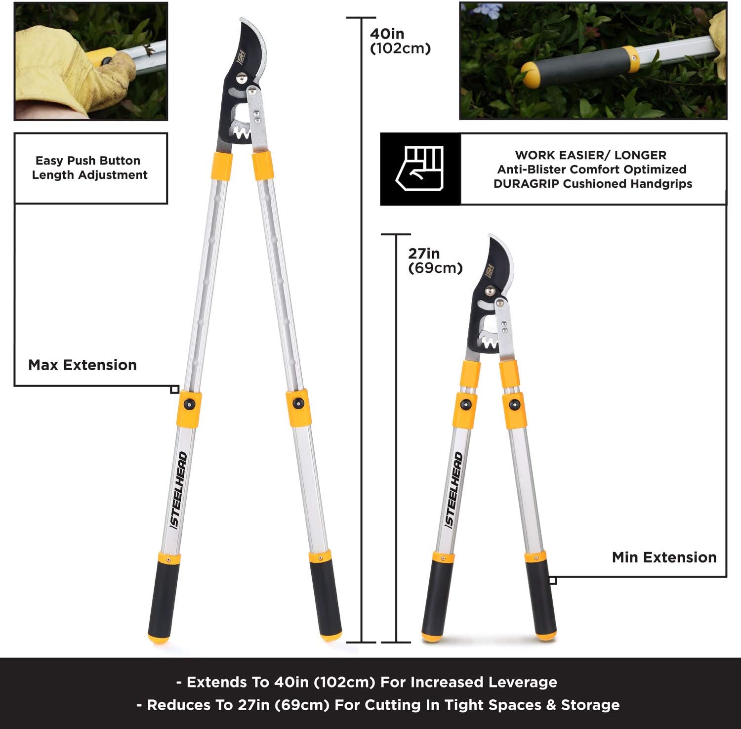STEELHEAD Heavy-Duty 27-40" Adjustable Gear-Bypass Limb & Branch Lopper, Telescoping Extendable Handles, Ratcheting, Cuts Up to 1-3/4”, Secateurs, Shock-Absorbing, Effort-Saving, USA-Based Support : Garden & Outdoor