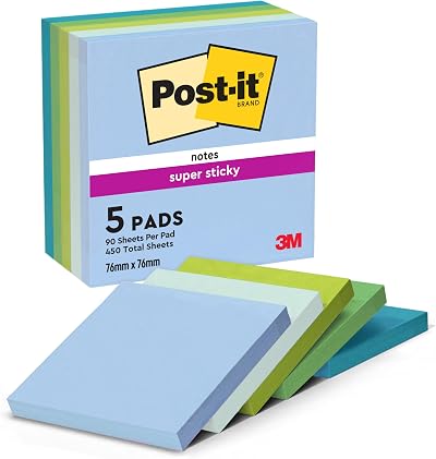 Post-it Super Sticky Notes 450 Sheets Pack of 5 Pads 76x76 Blue Green