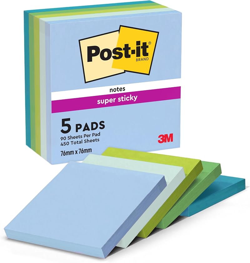 Post-it Super Sticky Notes 450 Sheets Pack of 5 Pads 76x76 Blue Green