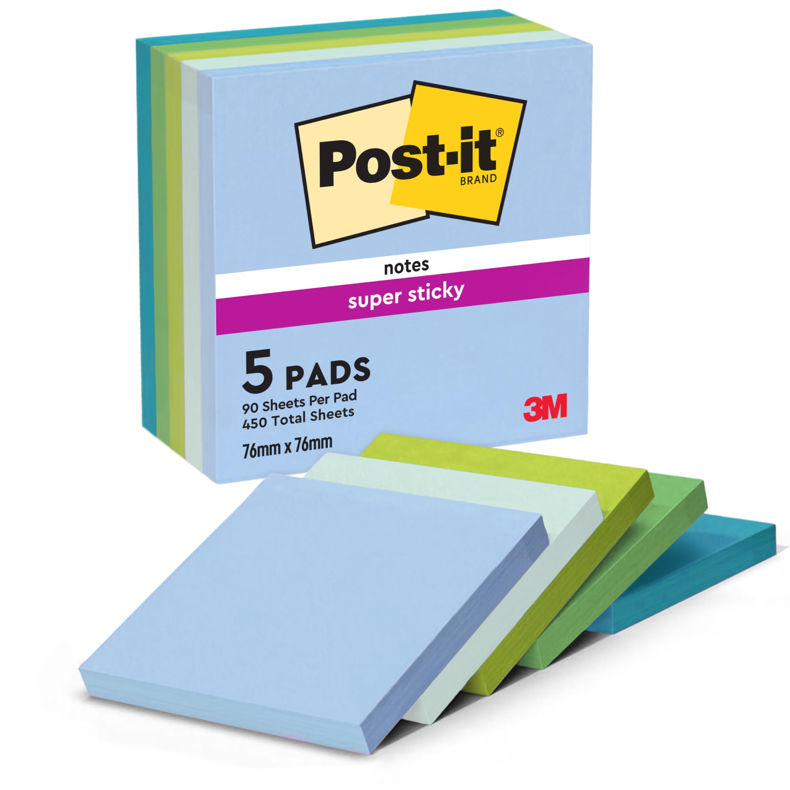Post-it Super Sticky Notes, 450 Sheets, Pack of 5 Pads, 76 mm x 76 mm - Holds Strong to Many Surfaces - Blue, Green - for Walls, Monitors and Fridge, Recycable