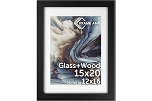 Frame Amo 15x20 Black Solid Wood Poster Frame, White Mat for 12x16 Image, Tempered Glass Front, 1.5 inch Wide, 1 inch Thick