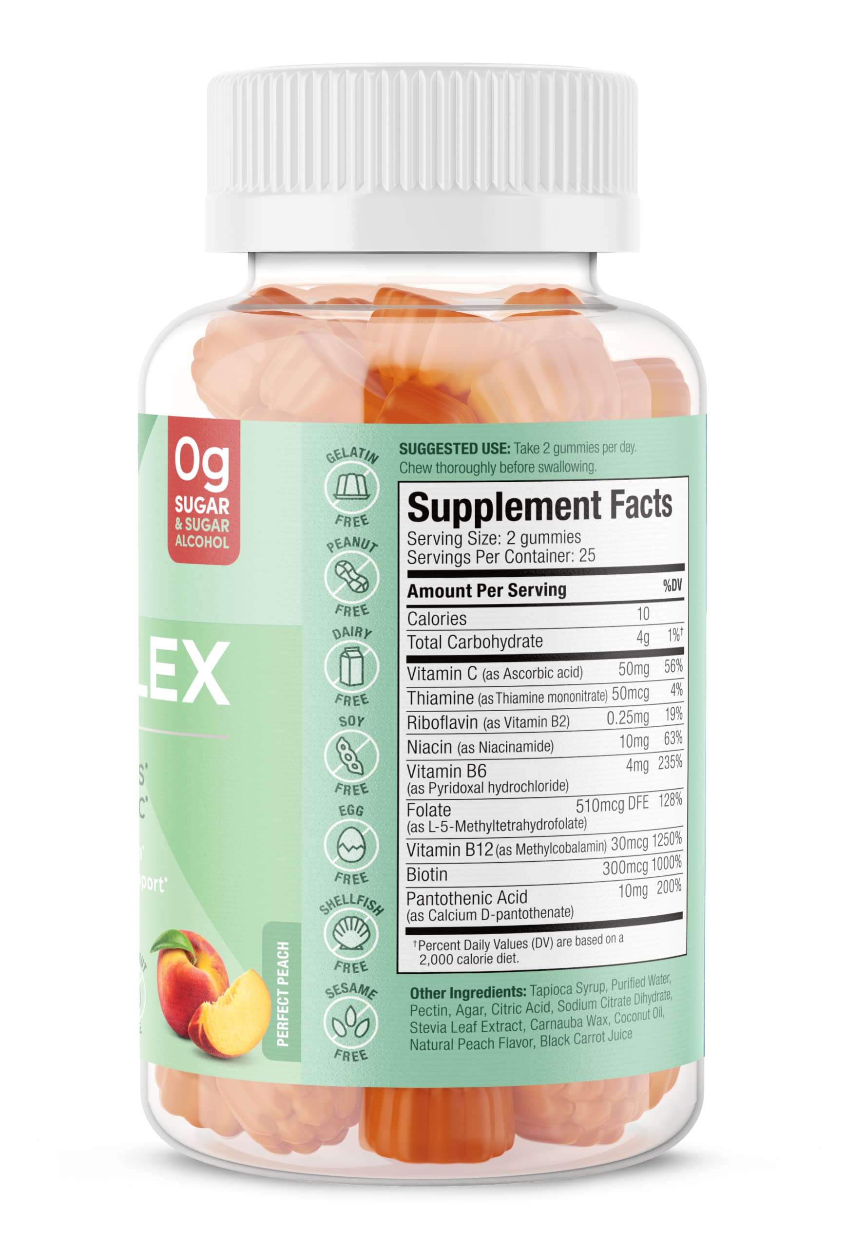 SUKU Vitamin B Complex Gummies with Vitamin C – Sugar Free Vegan 8 B Vitamins Complex Gummy Supplement Increases Cell Development, Improves Metabolism & Collagen Formation, Peach Flavour (50 Gummies)