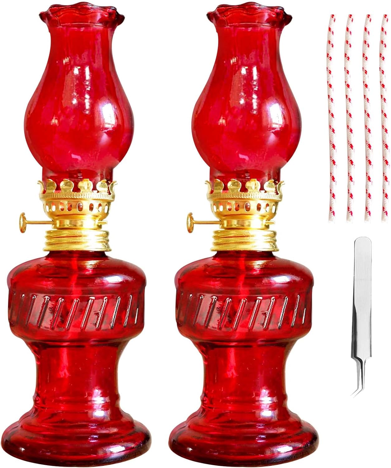 Oil Lamps & Accessories - Rustic Oil Lamp for Indoor Use,8'' Kerosene Lamp with 4 Pcs Wicks and Tweezers,Vintage Glass Kerosene Hurricane Lamp for Home Emergency Lighting (Red)