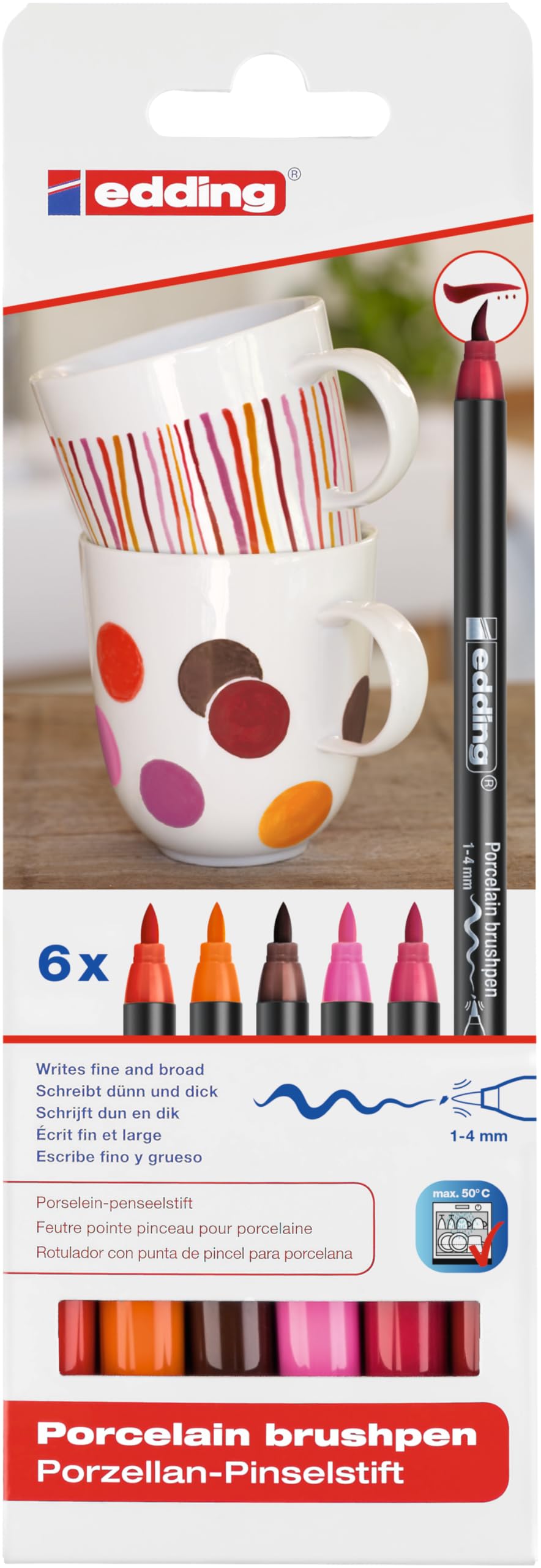 edding 4200 porcelain brush pen - 3x red, orange, brown, pink - 6 pens - brush nib 1-4 mm - felt-nib pen for painting and decorating ceramics, porcelain - dishwasher-safe, lightfast ink, quick-drying — image 1