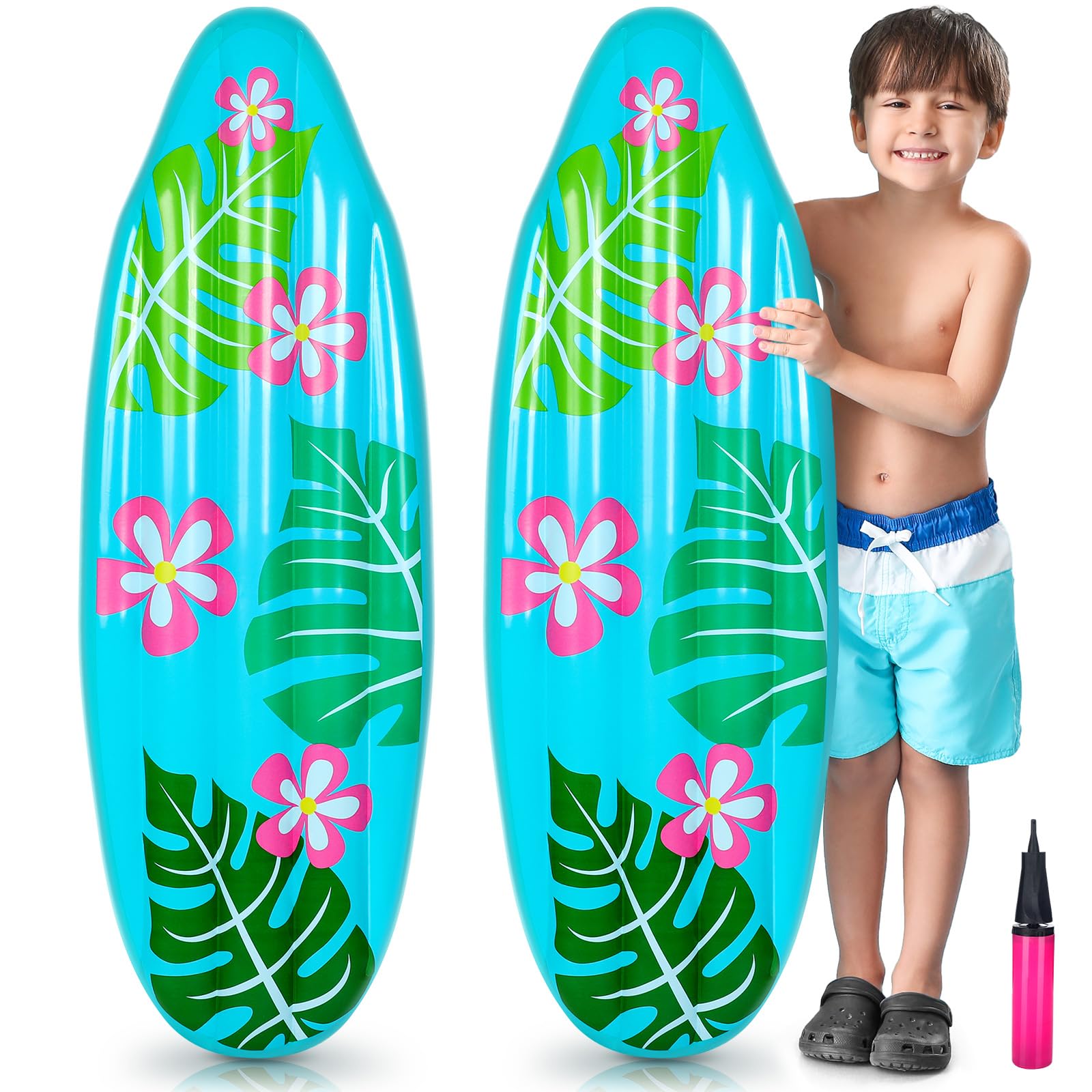 Photo 1 of Foilswirl 2 Pcs 3 ft Luau Inflatable Surfboard for Beach Inflatable Surf Board Luau Decoration Tropical Pool Surfboard Float for Surf Hawaiian Theme Summer Sea Party