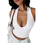 YFANG Women's Sexy Halter Deep V Neck Crop Tank Top Backless Sleeveless Slim Fitted Going Out Summer Top