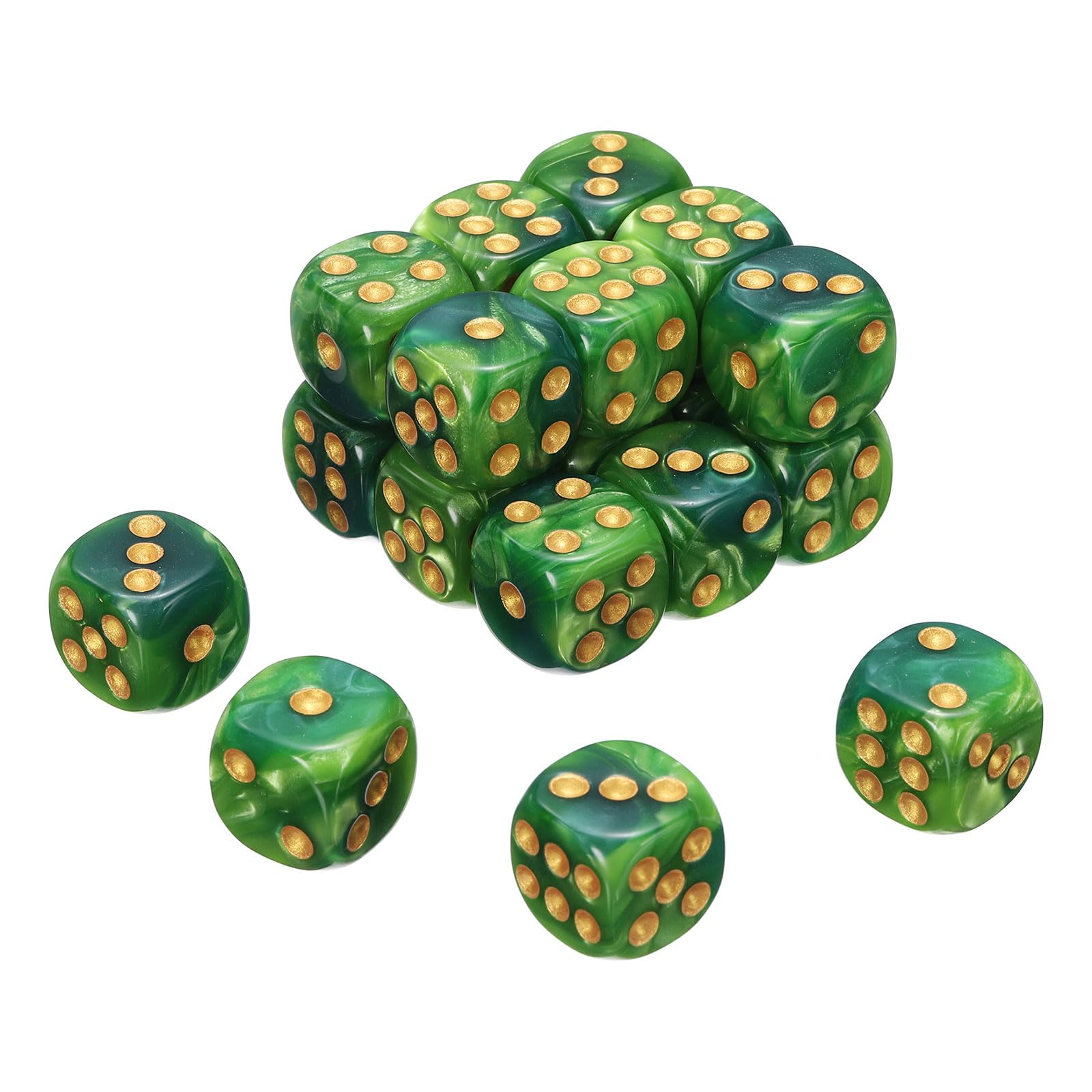 sourcing map 20Pcs 6 Sided Colored Standard Dice, 16mm Acrylic D6 Mini Polyhedral Pearl Pattern Two Tone Colors Game Dice Set for Table Games, Dark Green/Light Green, Gold Point