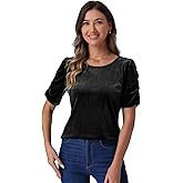 Allegra K Velvet Top for Women's Round Neck Puff Short Sleeve Party Clubwear Blouse