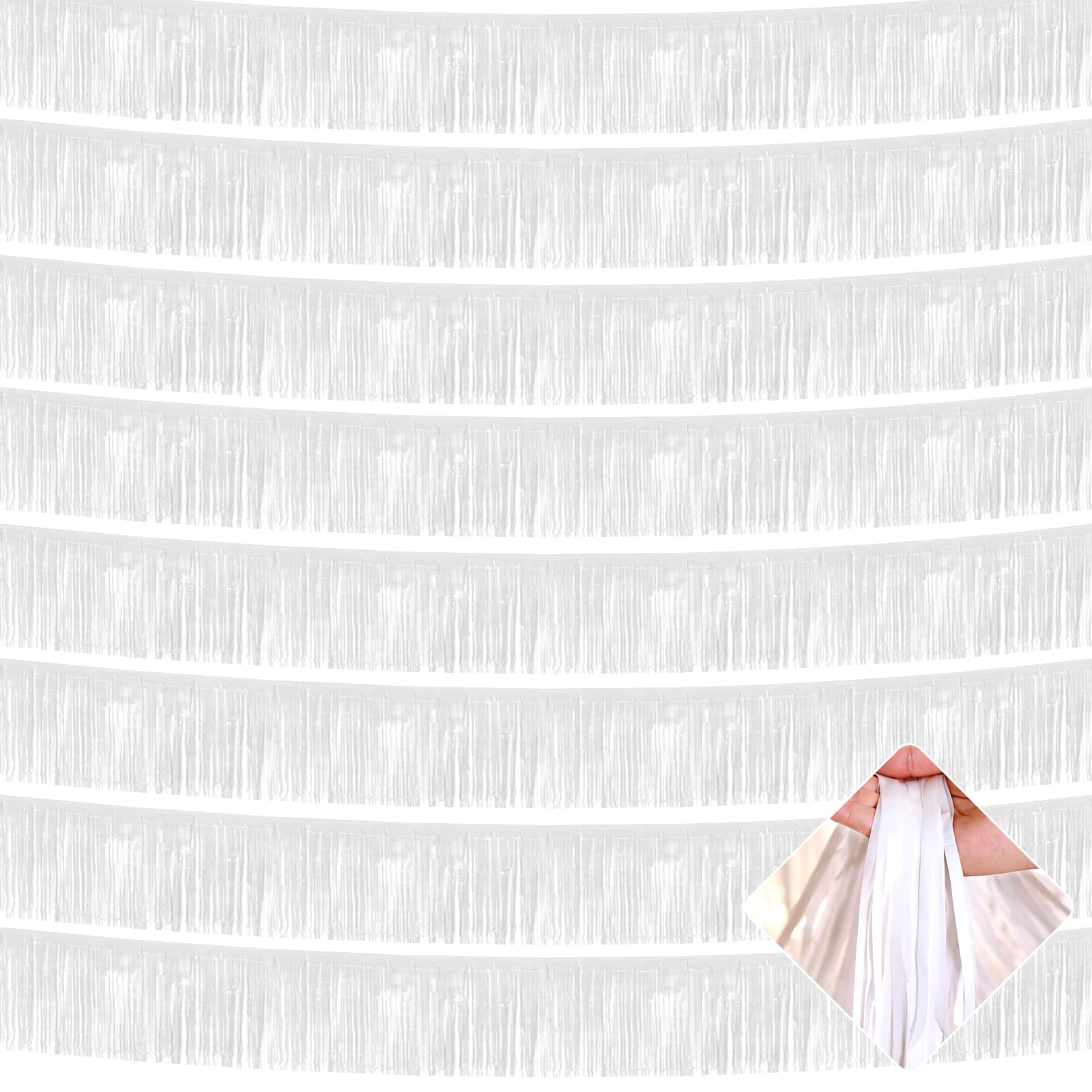 View 1 of 10 Pack 10 Feet Foil Fringe Garland Metallic Tinsel Streamers Banner Wall Hanging Curtain Backdrop for Parade Floats, Bachelorette, Wedding, Birthday, Halloween, Christmas Party Decorations(White)