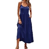 Halife Womens Flowy Tiered Maxi Dress Sleeveless Summer Sundresses Adjustable Straps Long Beach Sun Dresses with Pockets