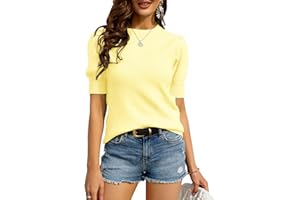 Zbyclub Womens Puff Short Sleeve Sweaters Pullover Shirt Tops Crew Neck Lightweight Knit Sweater Blouses