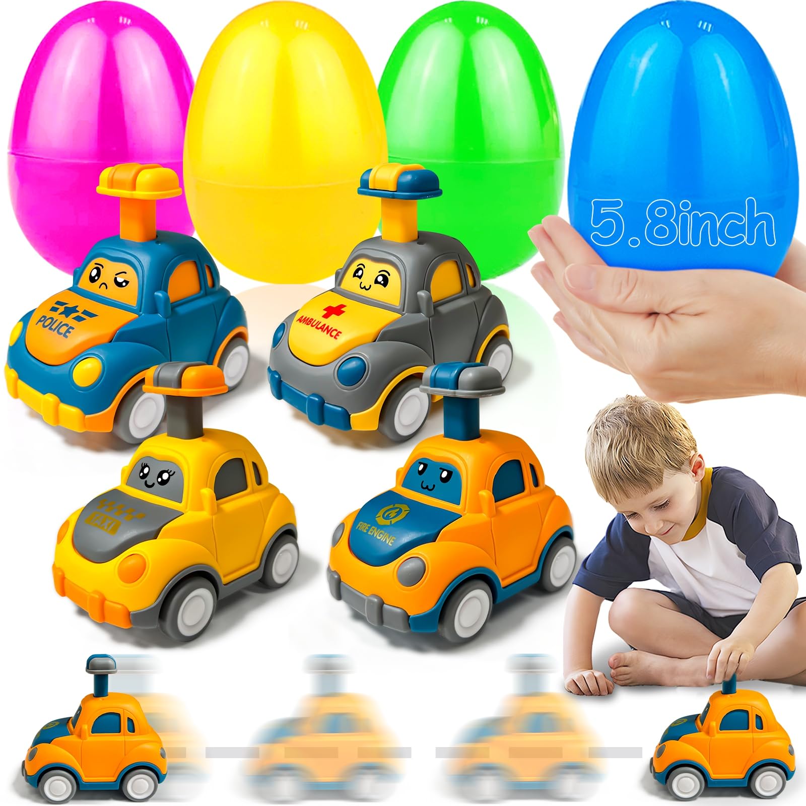 Jumbo 4 Pack 5.8 Inch Easter Eggs Filled with Press and Go Car Easter Toys Surprise Eggs for Kids Boys Toddlers Easter Basket Essential Stuffers Filled Easter Eggs with Toys for Party Favors Gifts